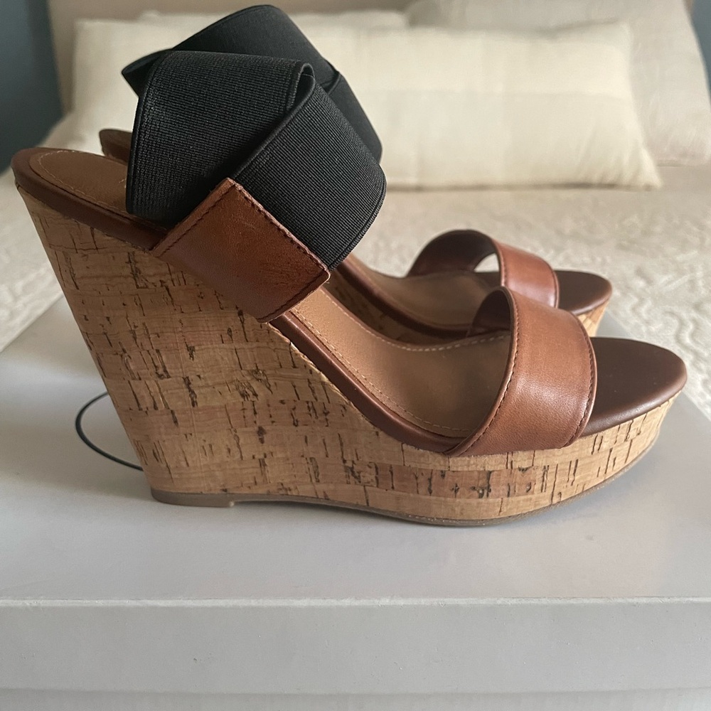Steve Madden Brown and Black Wedge Sandals with Cork Heel